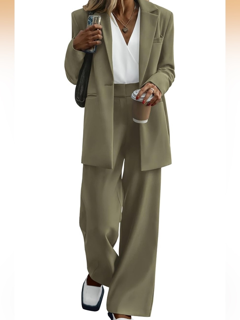 Women's Olive Wide-Leg Suit Pants and Blazer Set